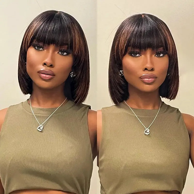 Put On and Go Black Brown Highlight Layered Cut Yaki Straight 3x1 Minimalist Lace Bob Wig With Bangs - Image 7