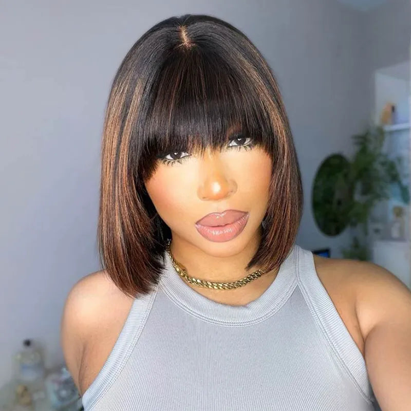 Put On and Go Black Brown Highlight Layered Cut Yaki Straight 3x1 Minimalist Lace Bob Wig With Bangs - Image 5