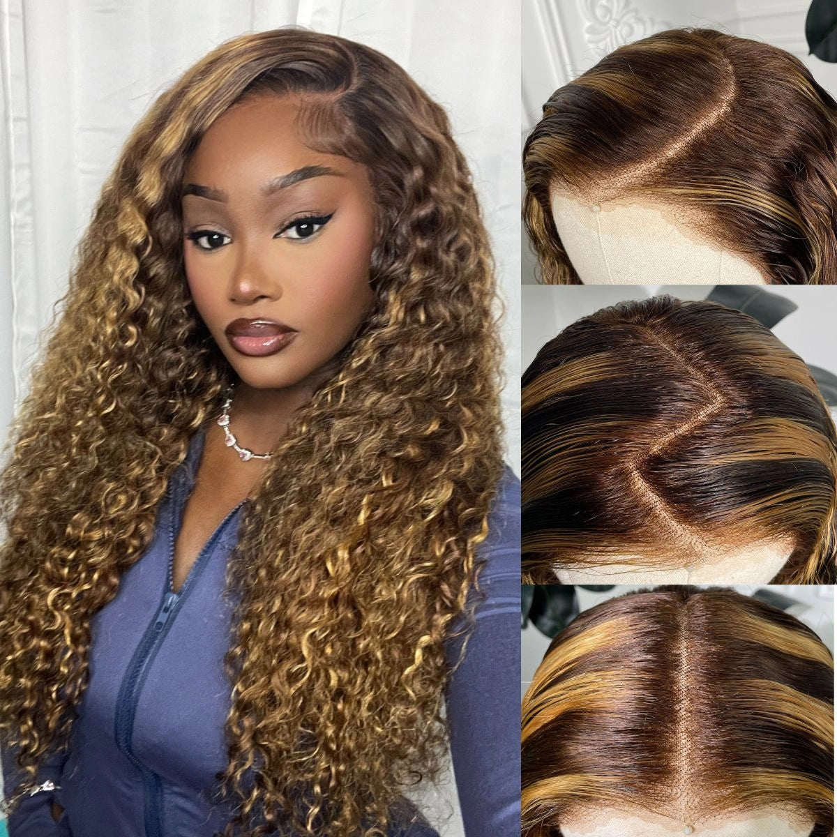 Honey Blonde Highlight Water Wave Pull Go 13x6 Full Skin Lace Wig Tiny Knots Glueless Wig - Image 8