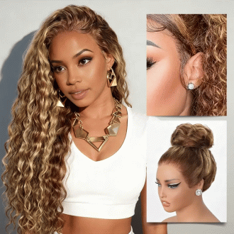 Honey Blonde Highlight Water Wave Pull Go 13x6 Full Skin Lace Wig Tiny Knots Glueless Wig