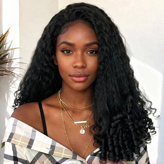 Invisi Strap 360 Lace Front Wig Kinky Straight with Spiral Curls Natural Black Breathable & Security Human Hair Wigs - Image 3