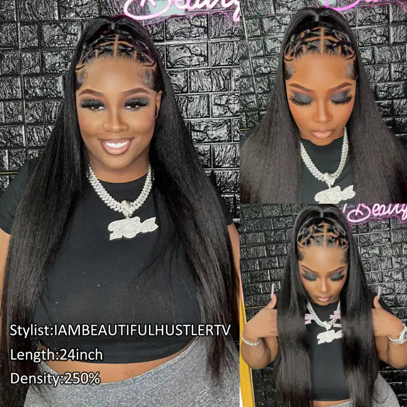 Pull Go 13x6 Full Wig Transparent Lace Kinky Straight Wig Natural Black Color - Image 4