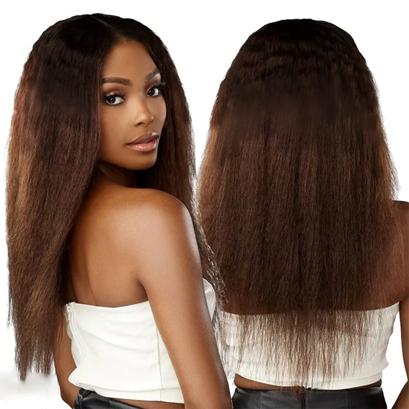 Black Brown Ombre Kinky Straight Half Wig With Drawstring Glueless Wear Go 3 in 1 Wig Human Hair - Image 2