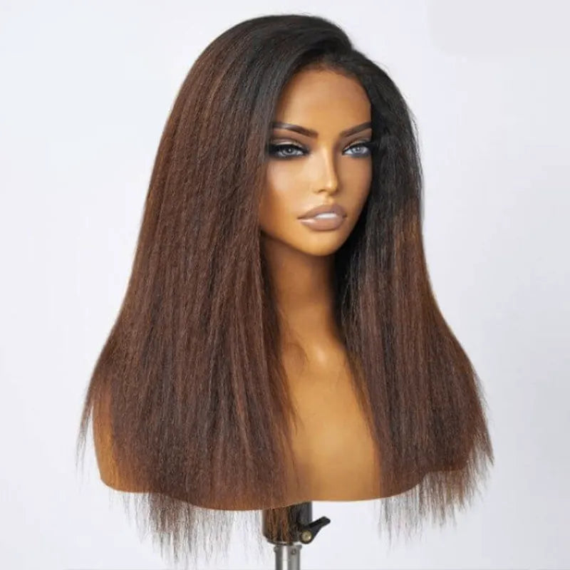 Black Brown Ombre Kinky Straight Half Wig With Drawstring Glueless Wear Go 3 in 1 Wig Human Hair - Image 3