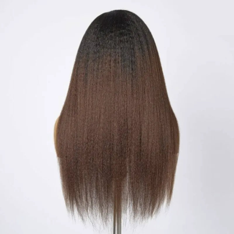 Black Brown Ombre Kinky Straight Half Wig With Drawstring Glueless Wear Go 3 in 1 Wig Human Hair - Image 4