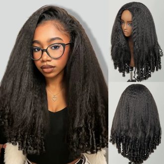 3 In 1 Half Wig Kinky Straight Hair with Spiral Curly Ends Glueless Install Half Wig With Adjustable Drawstring Flip Over Wig
