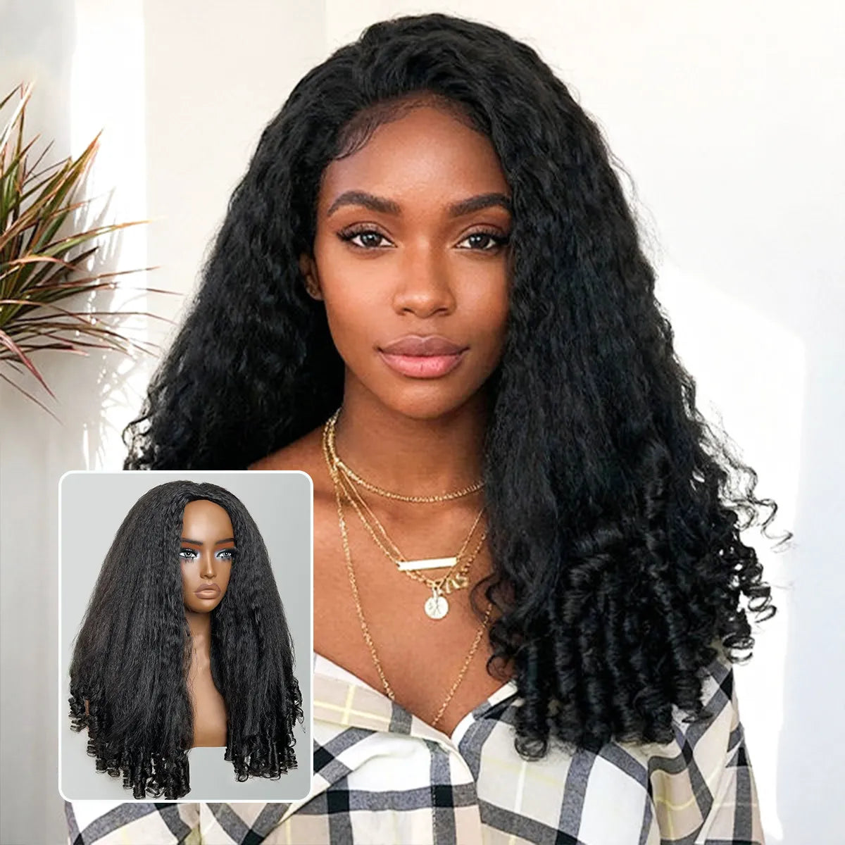 3 In 1 Half Wig Kinky Straight Hair with Spiral Curly Ends Glueless Install Half Wig With Adjustable Drawstring Flip Over Wig - Image 2