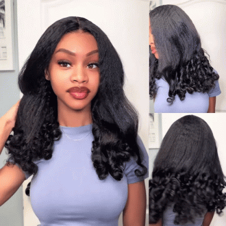 Invisi Strap 360 Lace Front Wig Kinky Straight with Spiral Curls Natural Black Breathable & Security Human Hair Wigs