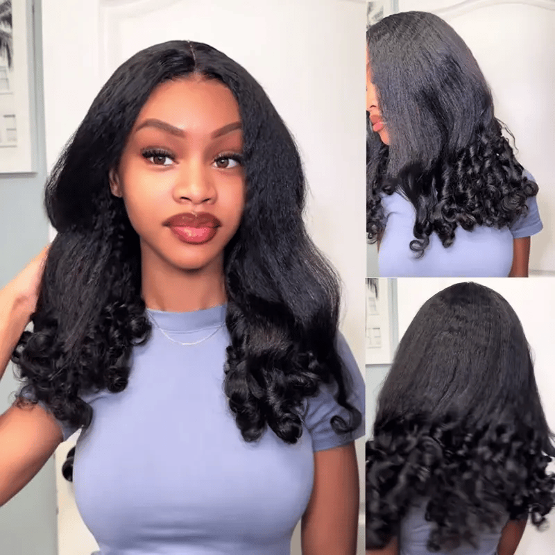 Invisi Strap 360 Lace Front Wig Kinky Straight with Spiral Curls Natural Black Breathable & Security Human Hair Wigs