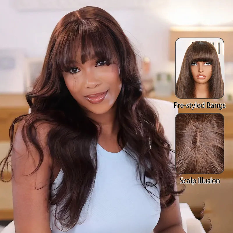 Body Wave Pre-Cut Layer With Bangs Pull Go 3x1 Lace Brown Wig True Scalp Glueless Pre-Styled Wig - Image 2