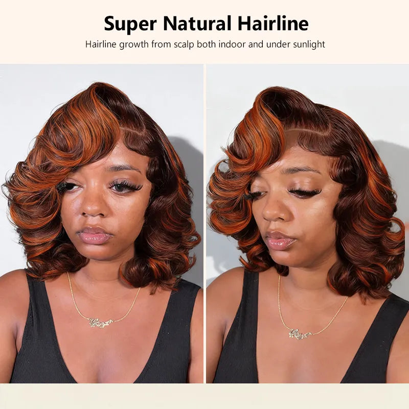 Ginger Highlight on Rich Brown Layer Cut Pre-Styled Body Wave Short Bob Wig Transparent Human Hair Wigs - Image 7