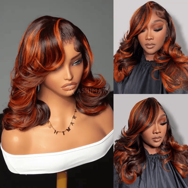 Ginger Highlight on Rich Brown Layer Cut Pre-Styled Body Wave Short Bob Wig Transparent Human Hair Wigs - Image 2