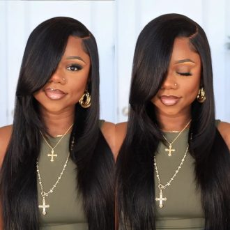 Light Yaki Straight Wig with Pre-Cut Layer Glueless 7x5 Closure Lace Human Hair Wig Pre-Cut Lace