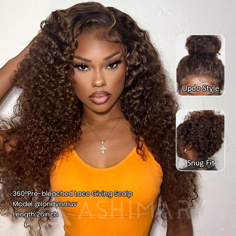 Chocolate Brown Water Wave Invisi Strap Snug Fit 360 Melting Lace Frontal Bleached Knots Glueless Lace Wig - Image 4