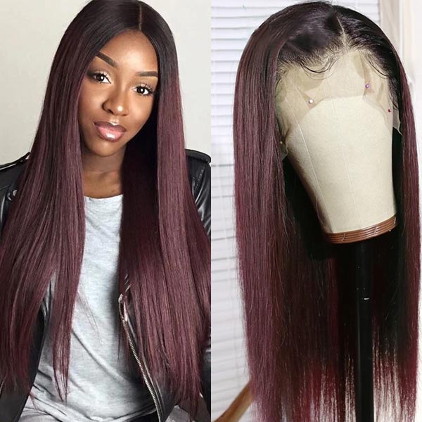 Straight Dark 99J Burgundy 13x4 Lace Front Wig Glueless Wigs 100% Human Hair - Image 4
