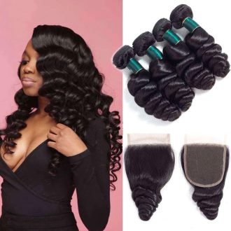10A Loose Wave Hair 4 Bundles With Closure Natural Color