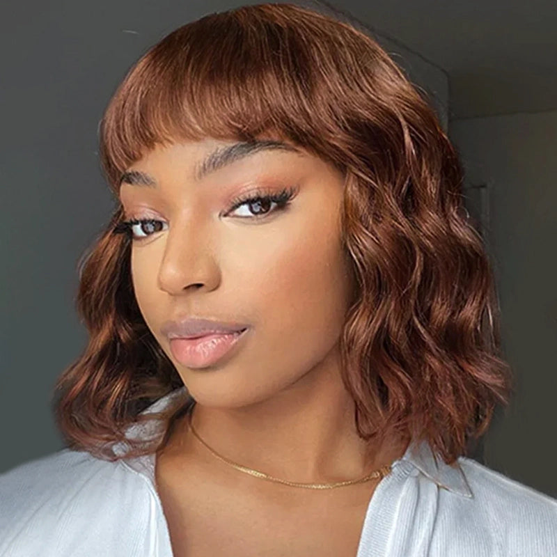 Ginger Brown 4x4 Lace Closure Loose Deep Wave Wig With Bangs - Image 2