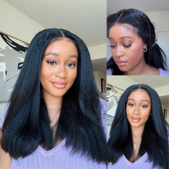 6x4.5 Lace Closure Kinky Straight Wig with Kinky Baby Hair for Black Women Glueless Natural Newborn Hairline Blend Beginner Friendly Wig