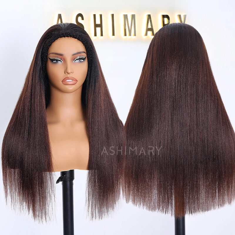 Yaki Straight Black Brown Ombre Half Wig With Drawstring Wear Go 3 in 1 Wig Flexible Fit Beginner Friendly - Image 6