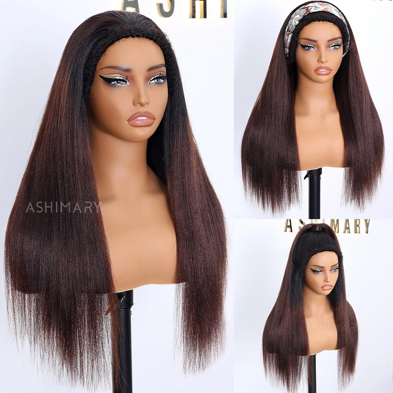 Yaki Straight Black Brown Ombre Half Wig With Drawstring Wear Go 3 in 1 Wig Flexible Fit Beginner Friendly - Image 5