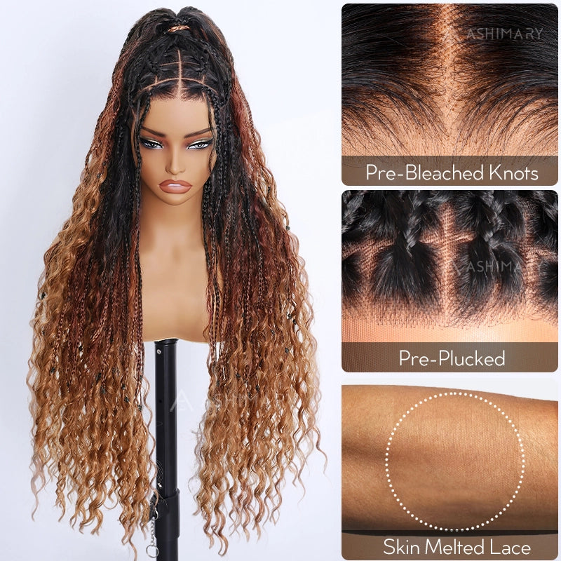 Ombre Color Full Lace Boho Curls Braided Long Wig Pre-braid Lightweight Tiny Knots Scalp - Image 5