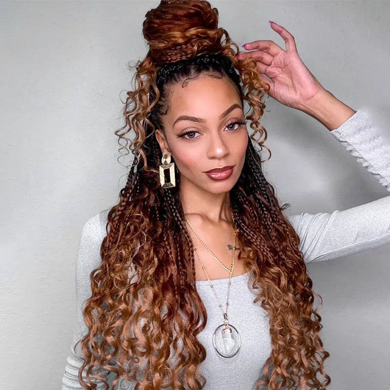 Ombre Color Full Lace Boho Curls Braided Long Wig Pre-braid Lightweight Tiny Knots Scalp - Image 2