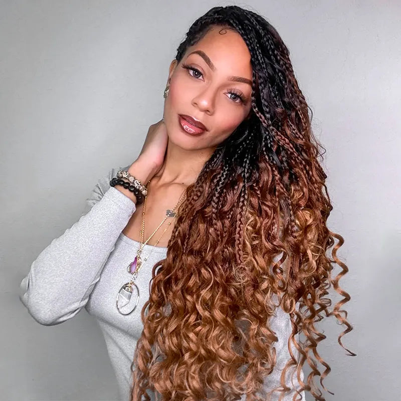 Ombre Color Full Lace Boho Curls Braided Long Wig Pre-braid Lightweight Tiny Knots Scalp - Image 4