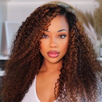 Balayage Highlight Brown Kinky Curly Half Wig Easy Pull Go Drawstring Glueless 3 in 1 Flip Over Wig