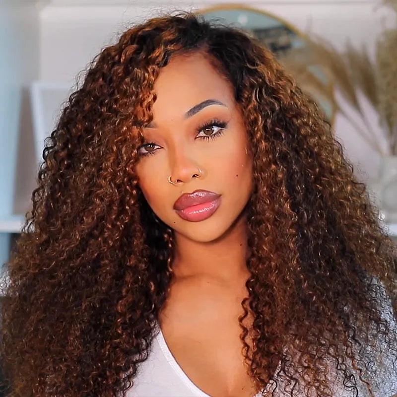 Balayage Highlight Brown Kinky Curly Half Wig Easy Pull Go Drawstring Glueless 3 in 1 Flip Over Wig - Image 3