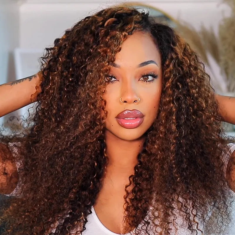 Balayage Highlight Brown Kinky Curly Half Wig Easy Pull Go Drawstring Glueless 3 in 1 Flip Over Wig - Image 4