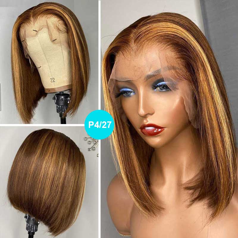 Double Drawn High Density Brown Highlight Bob Lace Wig Brazilian Human Hair - Image 3