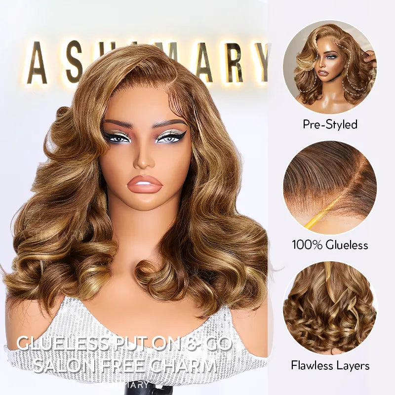 Blonde Highlight Pre-Styled Body Wave Ready To Go Glueless Layer Wavy Bob Wig With Baby Hair - Image 9