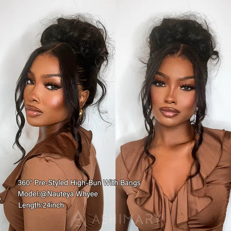 Pre-Styled Body Wave Ponytail with Bangs Face-Framing Invisi Strap 360 Skin Lace Frontal Bleached Knots Glueless Wig - Image 2