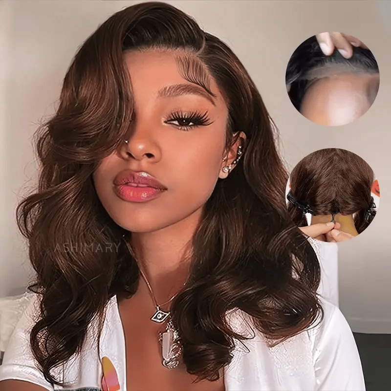 Glueless Pre-Styled Body WaveBob Wig Chocolate Brown Ready To Go Layer Wavy Human Hair Wig With Baby Hair