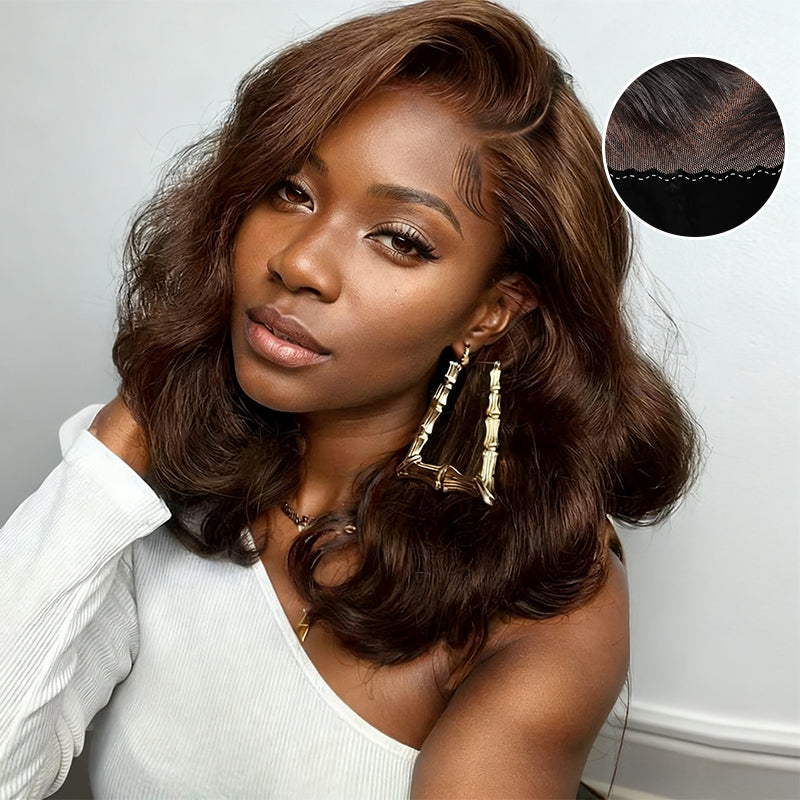 Glueless Pre-Styled Body WaveBob Wig Chocolate Brown Ready To Go Layer Wavy Human Hair Wig With Baby Hair - Image 3
