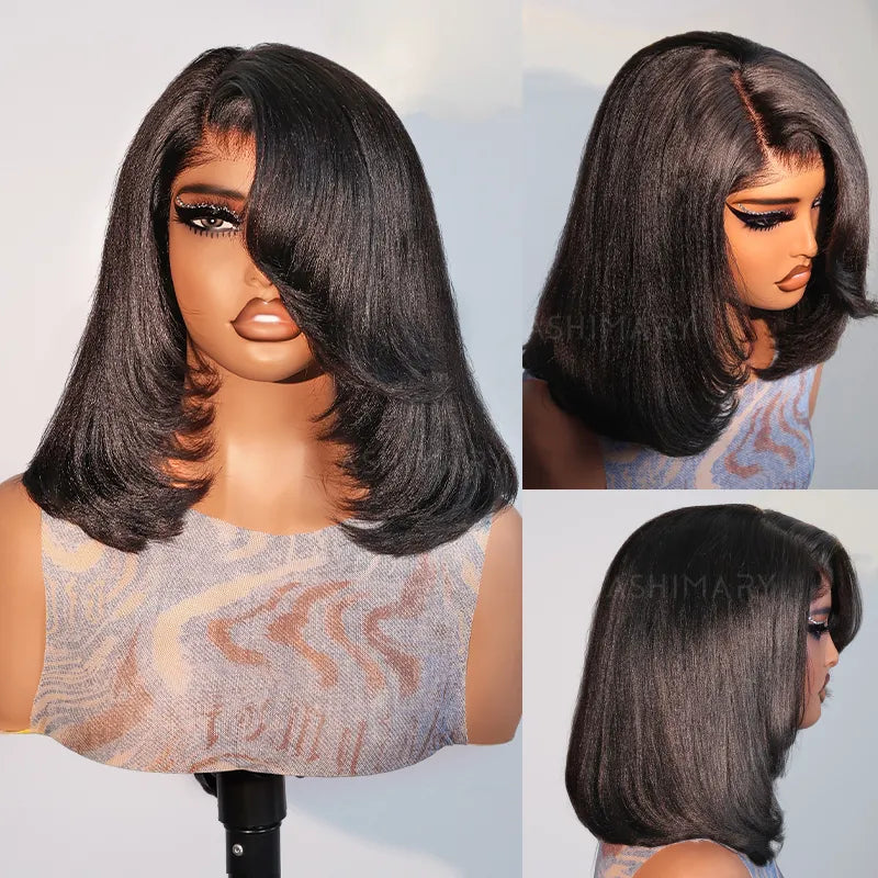 Layered Cut Yaki Straight Glueless Pull Go 13x4 Lace Frontal Bob Wig With Side Swept Bangs Put On And Go Double Drawn Human Hair Wig with Drawstring - Image 6