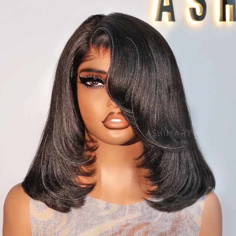 Layered Cut Yaki Straight Glueless Pull Go 13x4 Lace Frontal Bob Wig With Side Swept Bangs Put On And Go Double Drawn Human Hair Wig with Drawstring - Image 7