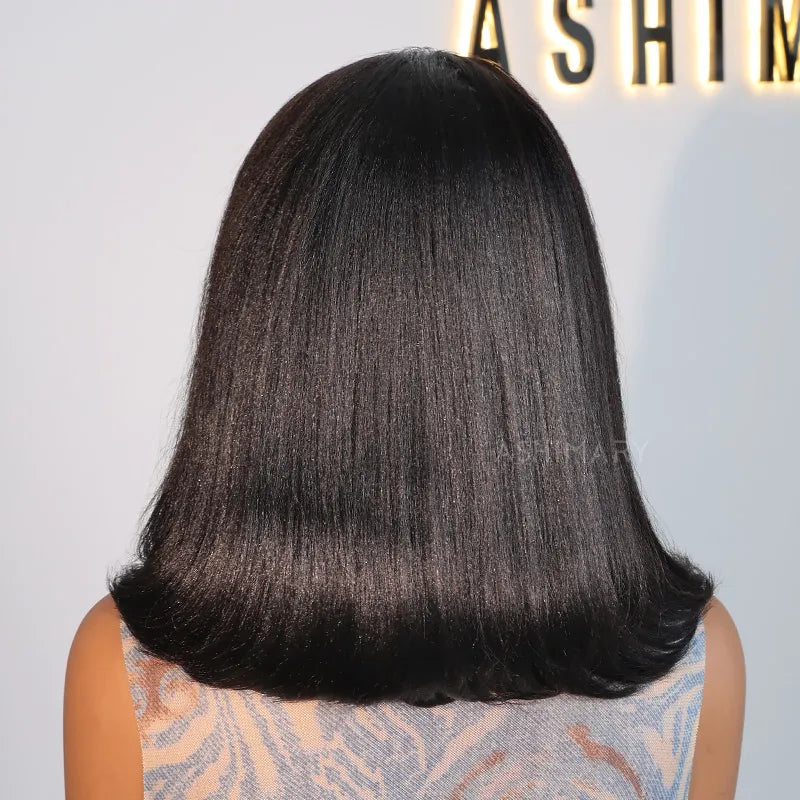 Layered Cut Yaki Straight Glueless Pull Go 13x4 Lace Frontal Bob Wig With Side Swept Bangs Put On And Go Double Drawn Human Hair Wig with Drawstring - Image 8