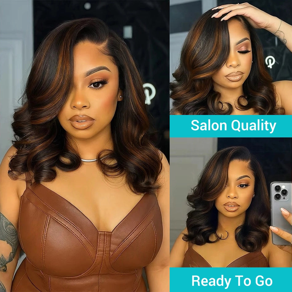 Balayage Highlight Pre-Styled Bouncy Body Wave Ready To Go Glueless Layer Wavy Bob Wig With Baby Hair - Image 9