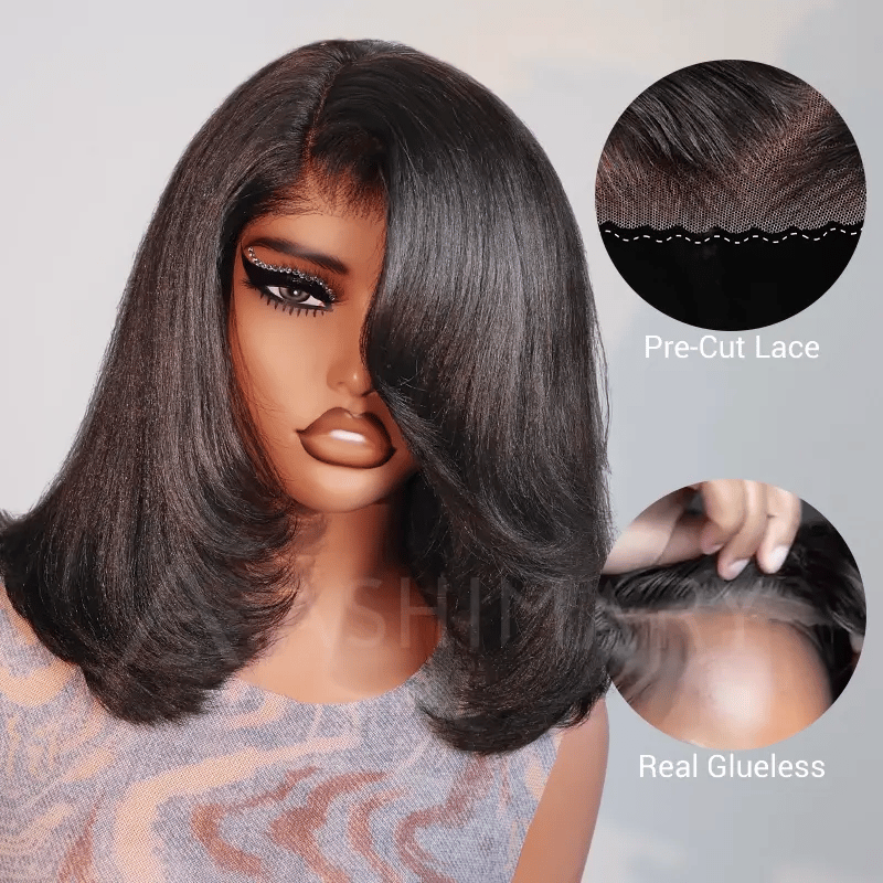Layered Cut Yaki Straight Glueless Pull Go 13x4 Lace Frontal Bob Wig With Side Swept Bangs Put On And Go Double Drawn Human Hair Wig with Drawstring - Image 5