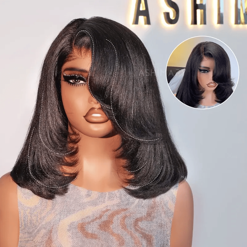 Layered Cut Yaki Straight Glueless Pull Go 13x4 Lace Frontal Bob Wig With Side Swept Bangs Put On And Go Double Drawn Human Hair Wig with Drawstring - Image 4