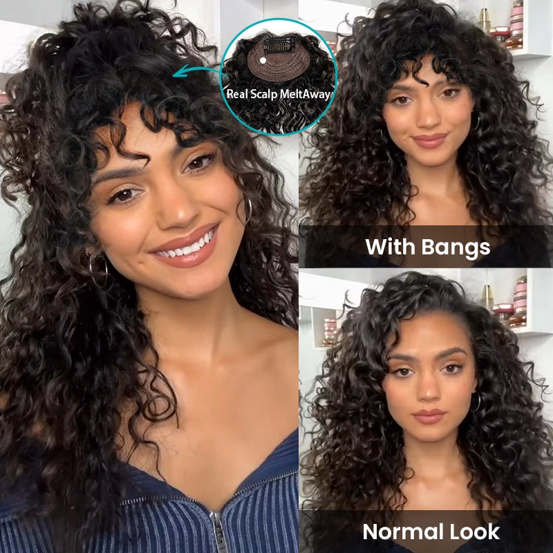 Curly Bangs Clip In Bang with Temples Hand-Tied Melt Lace Human Hair Extension