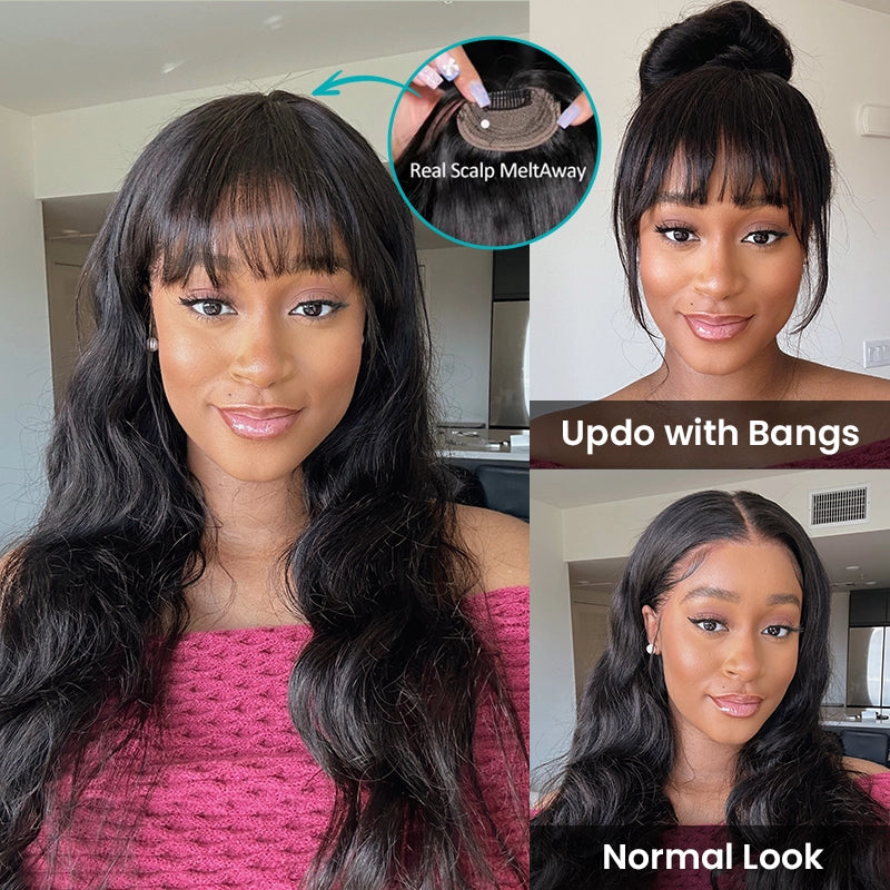 Ashimary Clip In Bang with Temples Hand-Tied Melt Lace Natural Black Straight Human Hair Extension