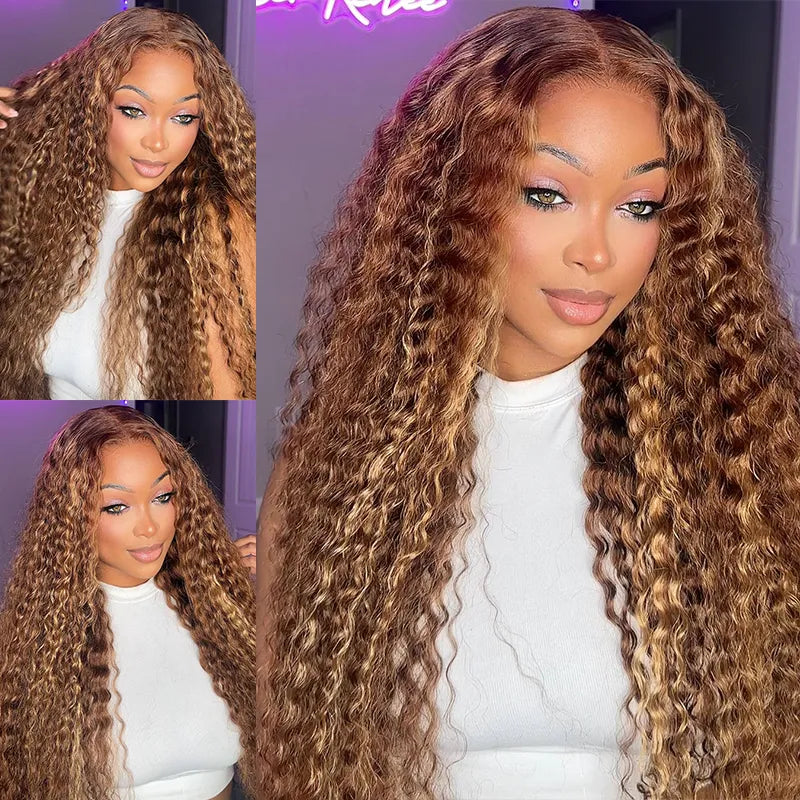Honey Blonde Highlight Water Wave Pull Go 13x6 Full Skin Lace Wig Tiny Knots Glueless Wig - Image 2