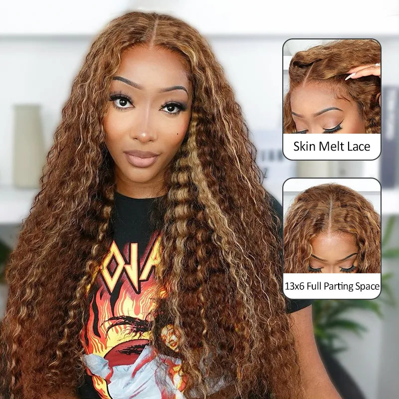 Honey Blonde Highlight Water Wave Pull Go 13x6 Full Skin Lace Wig Tiny Knots Glueless Wig - Image 4