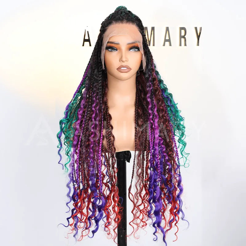 Rainbow Boho Curls Knotless Braided Wig Full Lace Frontal Multicolor Ombre Lightweight & Pre-Styled - Image 4