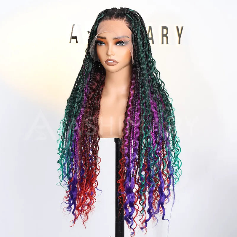 Rainbow Boho Curls Knotless Braided Wig Full Lace Frontal Multicolor Ombre Lightweight & Pre-Styled - Image 10