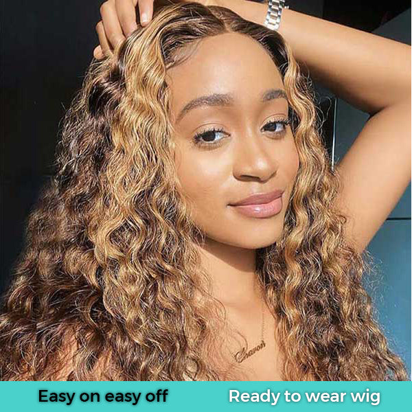 Flowy Bohemian Curly Wear And Go Highlight Piano Color Water Wave Ready to Wear Wig with Pre Plucked Hairline & Bleached Knots - Image 5