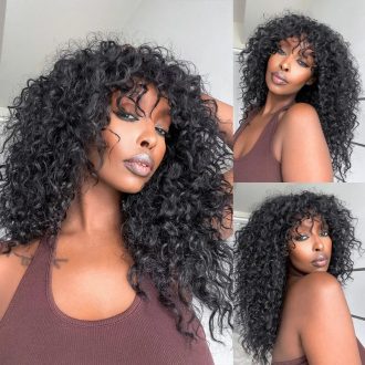 Bouncy Curl With Bangs Pull Go 3x1 Lace Natural Black Wig True Scalp Glueless Pre-Styled Wig