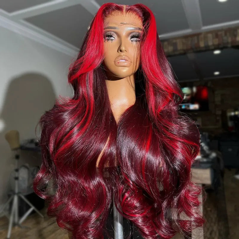 Highlight Red with Burgundy 99J Colored Body Wave Human Hair Wig 4x4 5x5 & 13x4 Transparent Lace Front Wig Pre Plucked 13X6 Lace Frontal Wig Ashimary - Image 2